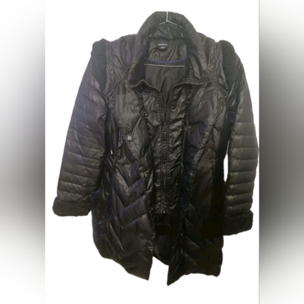 Bebe Women's Black Puffer Jacket Full Zip Removable Hood Pockets Size L